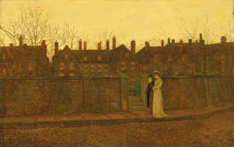 In the golden gloaming,황금빛 글로밍,John Atkinson Grimshaw,존 앳킨슨 그림쇼,오일 페인팅,오일 페인팅, 옥외, 나무, 여자 1명, 건물, 흑발, 드레스