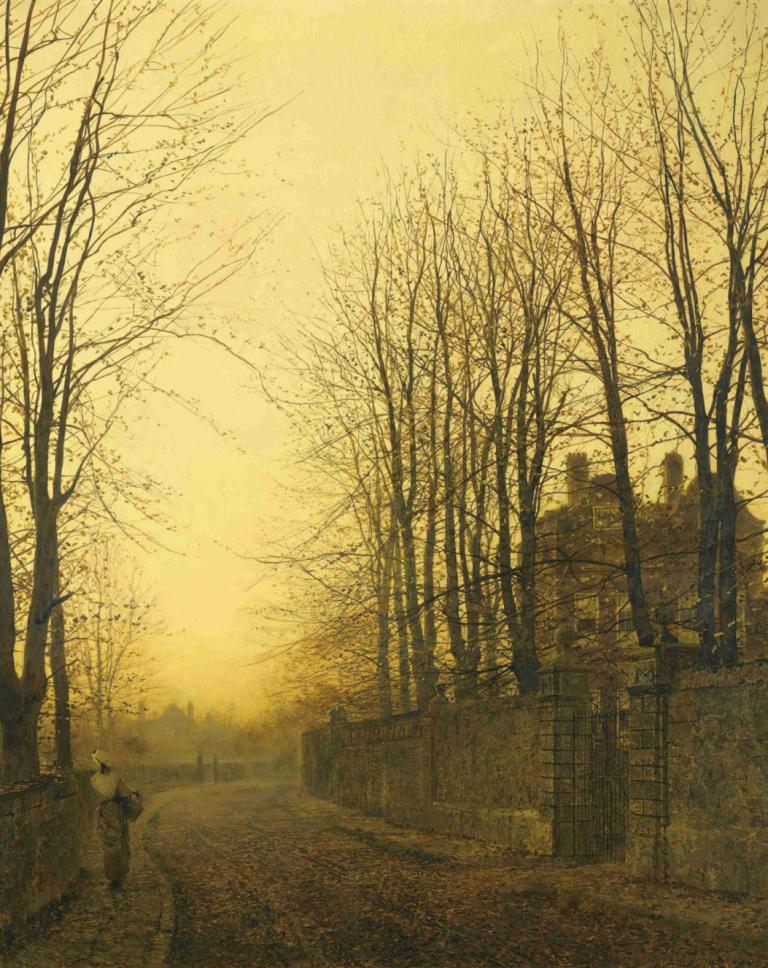 Late Autumn,深秋,John Atkinson Grimshaw,約翰·阿特金森·格裡姆肖,油畫,油畫, 樹, 風景, 光禿禿的樹, 戶外, 路, 沒有人類