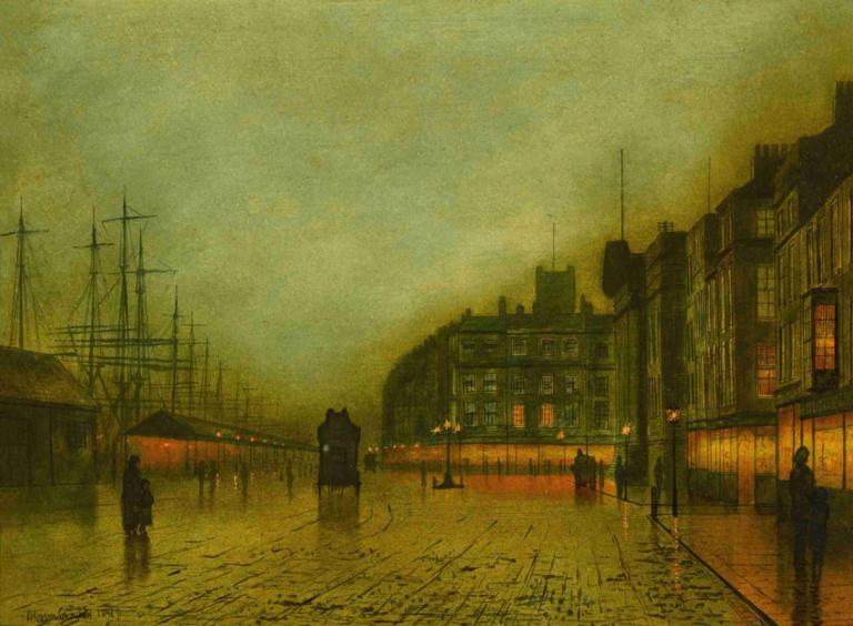 Liverpool Docks,Liverpoolin satamat,John Atkinson Grimshaw,Öljymaalaus,Öljymaalaus, maisema, ulkona, rakennus