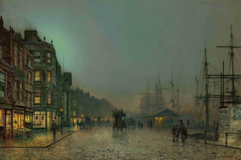 Liverpool Lights,Luces de Liverpool,John Atkinson Grimshaw,Pintura al óleo,Pintura al óleo, escenario