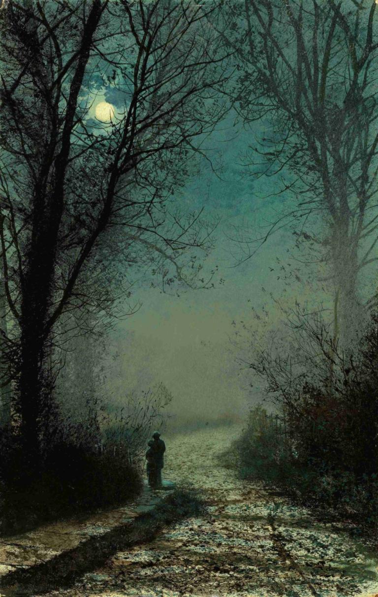 Lovers on a moonlit lane,달빛 차선 위의 연인들,John Atkinson Grimshaw,존 앳킨슨 그림쇼,오일 페인팅,오일 페인팅, 나무, 옥외, 경치, 독주, 밤