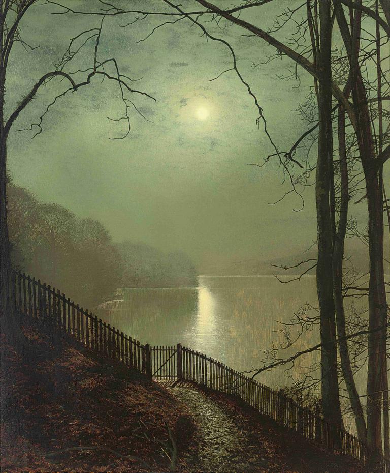 Moonlight on the lake, Roundhay Park, Leeds,Lumina lunii pe lac, Roundhay Park, Leeds,John Atkinson Grimshaw