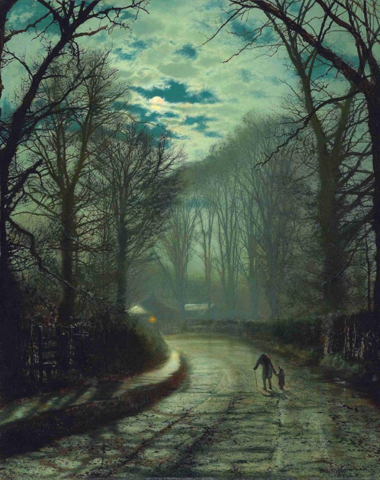 Nearing home,Se apropie de casă,John Atkinson Grimshaw,Pictura in ulei,Pictura in ulei, copac, nor, decor