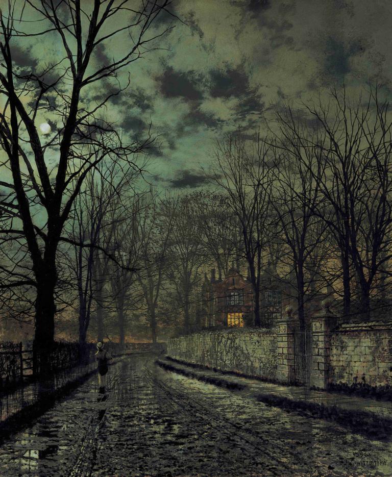 November,十一月,John Atkinson Grimshaw,約翰·阿特金森·格裡姆肖,油畫,油畫, 樹, 光禿禿的樹, 1個女孩, 獨奏, 風景, 雲, 戶外, 天空, 多雲的天空, 傳統媒體, 路, 大樓