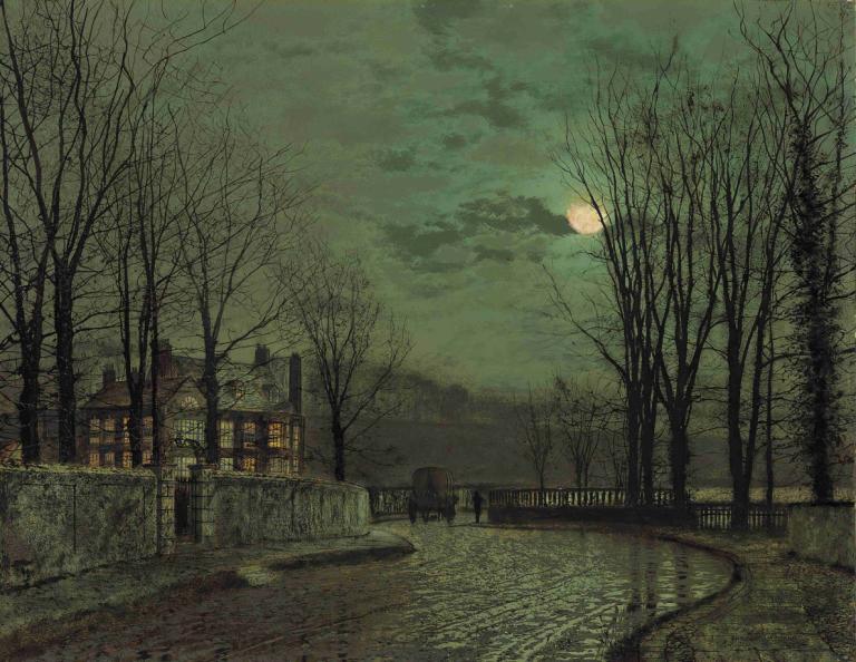 November Moonlight,十一月的月色,John Atkinson Grimshaw,約翰·阿特金森·格裡姆肖,油畫,油畫, 沒有人類, 樹, 風景, 光禿禿的樹, 月亮, 雲, 天空, 戶外, 傳統媒體