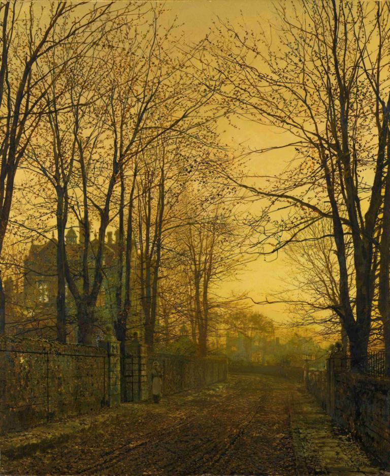 October After Glow,十月後的光輝,John Atkinson Grimshaw,約翰·阿特金森·格裡姆肖,油畫,油畫, 風景, 樹, 沒有人類, 戶外, 路, 光禿禿的樹, 大樓, 日落, 傳統媒體