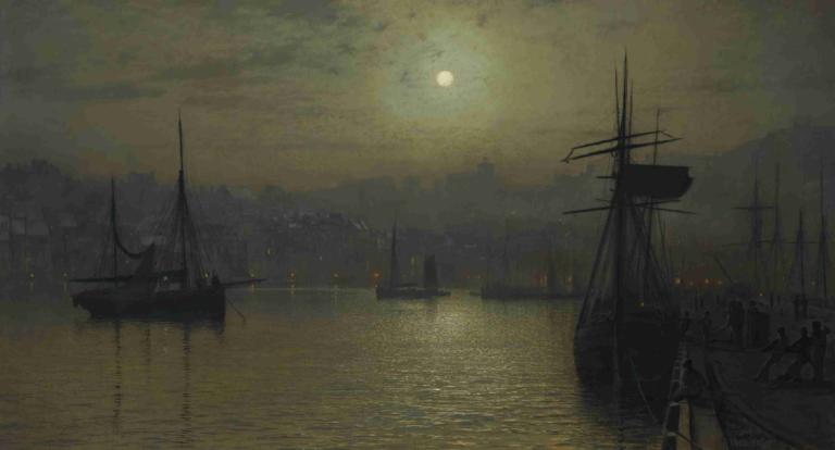 Old Scarborough, Full Moon, High Water,老斯卡伯勒，滿月，高水位,John Atkinson Grimshaw,約翰·阿特金森·格裡姆肖,油畫,油畫, 風景, 月亮, 船隻, 雲