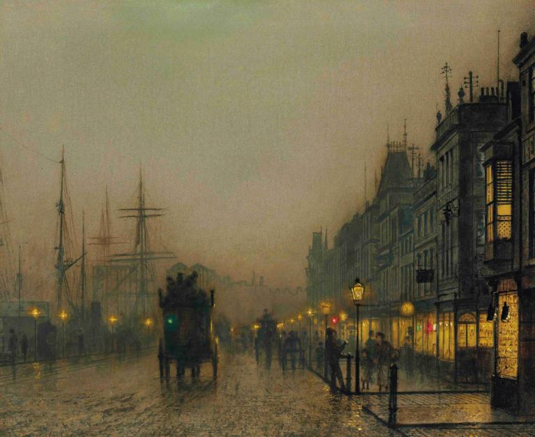 Reekie, Glasgow,John Atkinson Grimshaw,Pictura in ulei,Pictura in ulei, decor, oraș, în aer liber, clădire