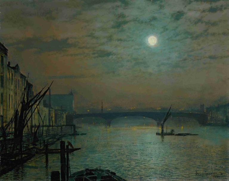 Southwark Bridge by Moonlight,John Atkinson Grimshaw,Oil Painting,Oil Painting, moon, no humans, scenery