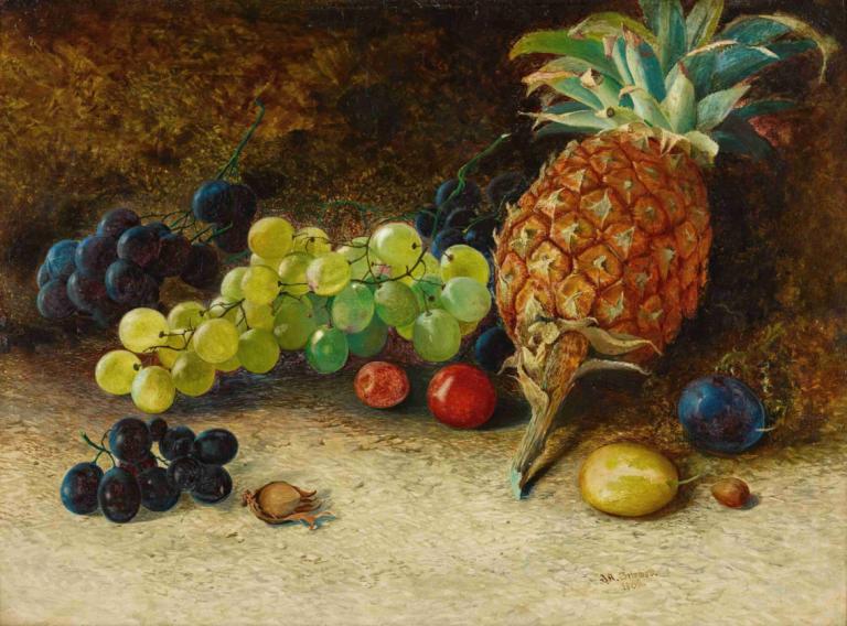 Still life with a pineapple, grapes, nuts and plums,파인애플, 포도, 견과류, 자두가 있는 정물화,John Atkinson Grimshaw