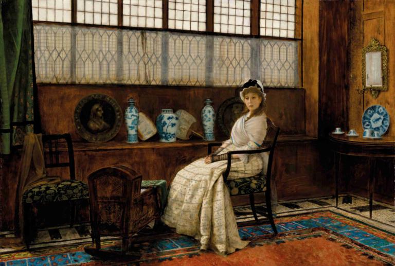 The Cradle Song,요람의 노래,John Atkinson Grimshaw,존 앳킨슨 그림쇼,오일 페인팅,오일 페인팅, 여자 1명, 독주, 의자, 좌석, 모자, 실내, 창문, 드레스