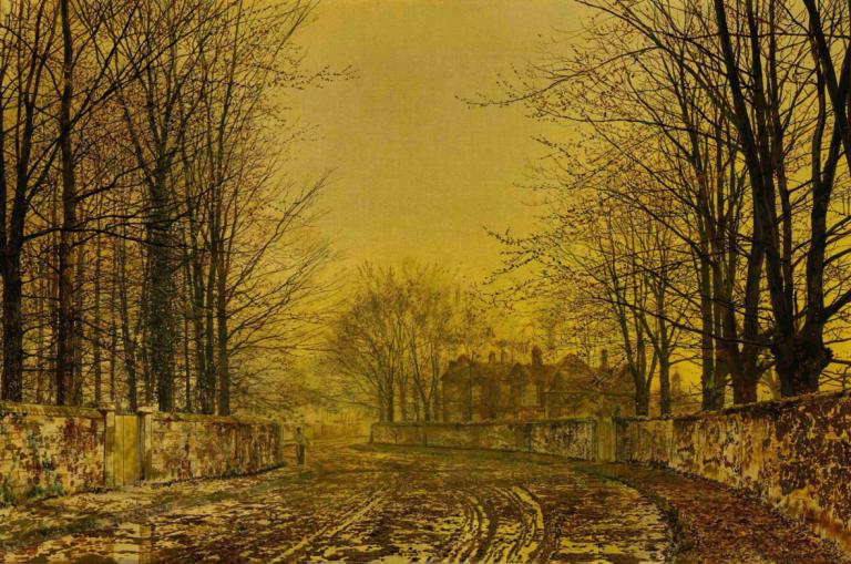 The Queen's Highway,여왕의 고속도로,John Atkinson Grimshaw,존 앳킨슨 그림쇼,오일 페인팅,오일 페인팅, 경치, 나무, 인간은 없어, 옥외, 벌거벗은 나무