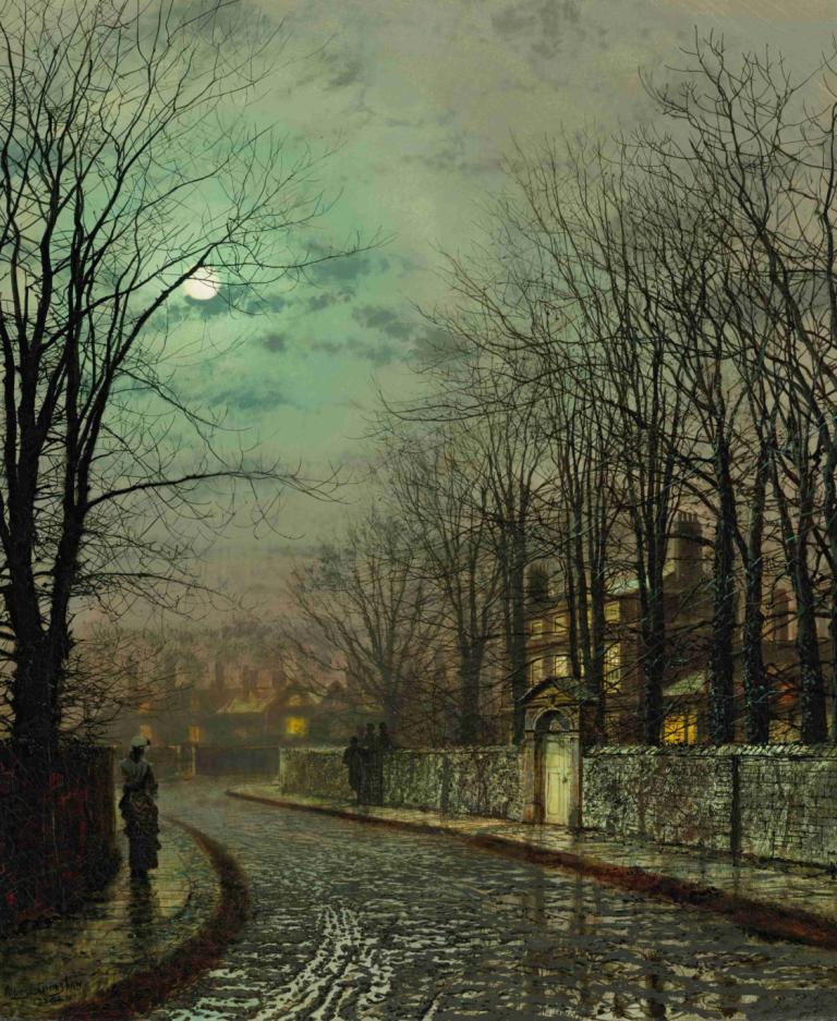 The Tryst,Försöket,John Atkinson Grimshaw,Oljemålning,Oljemålning, nakna träd, träd, måne, landskap, himmel