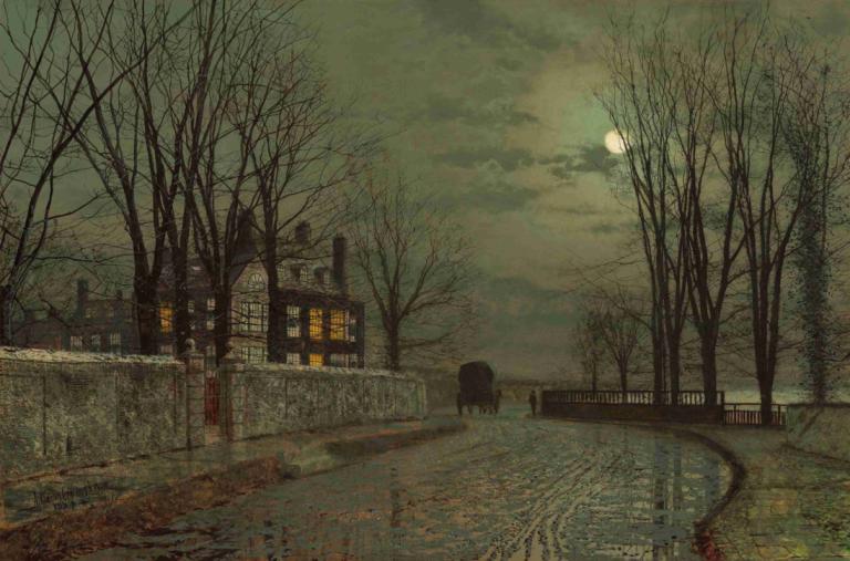 The Turn of the Road,Die Wende der Straße,John Atkinson Grimshaw,Ölgemälde,Ölgemälde, Baum, kahler Baum, Mond