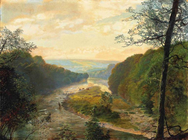 The Wharfe valley, with Barden Tower beyond,Wharfe-dalen, med Barden Tower bortom,John Atkinson Grimshaw