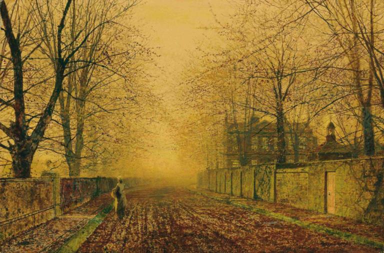 Under The Beeches,Under bokarna,John Atkinson Grimshaw,Oljemålning,Oljemålning, träd, nakna träd, landskap