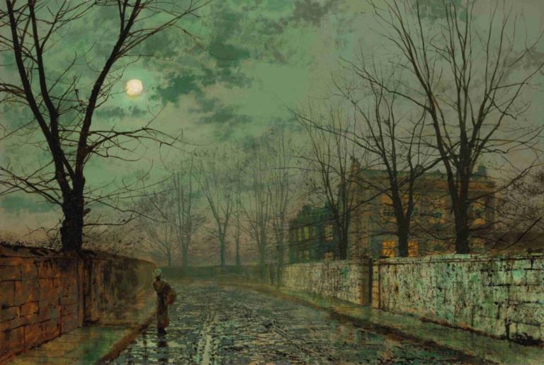 Under the Silvery Moonbeams,Under de silverfärgade månstrålarna,John Atkinson Grimshaw,Oljemålning