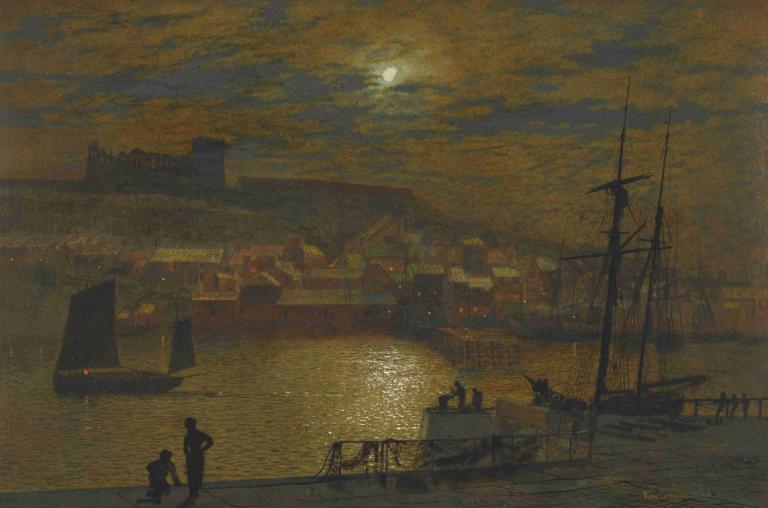 Whitby From Scotch Head, Moonlight On The Esk,Whitby från Scotch Head, månsken på Esk,John Atkinson Grimshaw