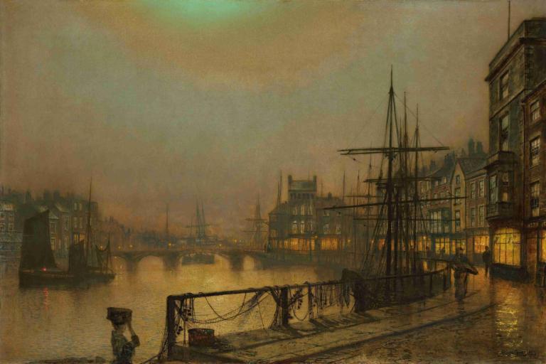 Whitby at night,Whitby bei Nacht,John Atkinson Grimshaw,Ölgemälde,Ölgemälde, Landschaft, Gebäude, Stadt