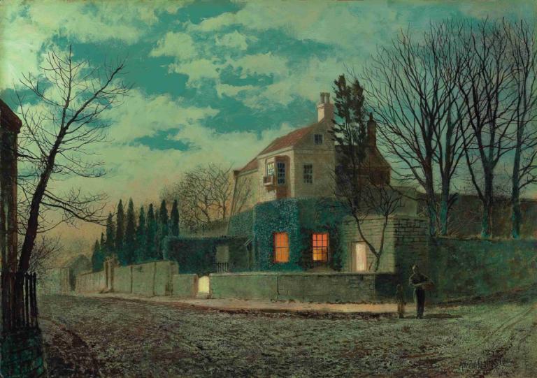 Yew Court, Scalby,Eibenhof, Scalby,John Atkinson Grimshaw,Ölgemälde,Ölgemälde, Baum, Landschaft, Himmel