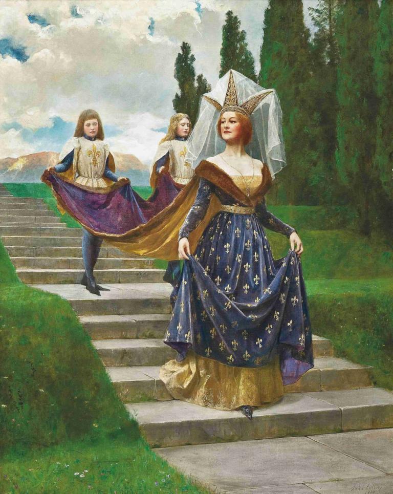 A Great Lady,John Collier,Oil Painting,Oil Painting, multiple girls, outdoors, skirt hold, dress, tree