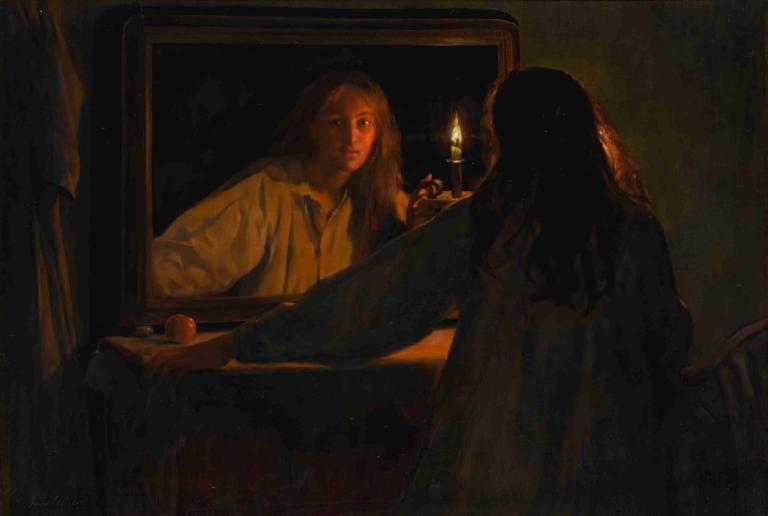 All hallowe'en,John Collier,Oil Painting,Oil Painting, candle, mirror, long hair, dark, sitting, 1girl