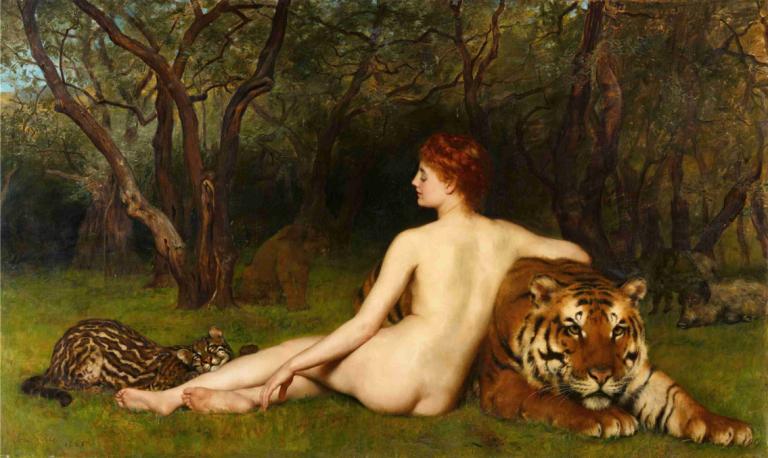 Circe,John Collier,Oil Painting,Oil Painting, 1girl, tiger, nude, nature, barefoot, ass, tree