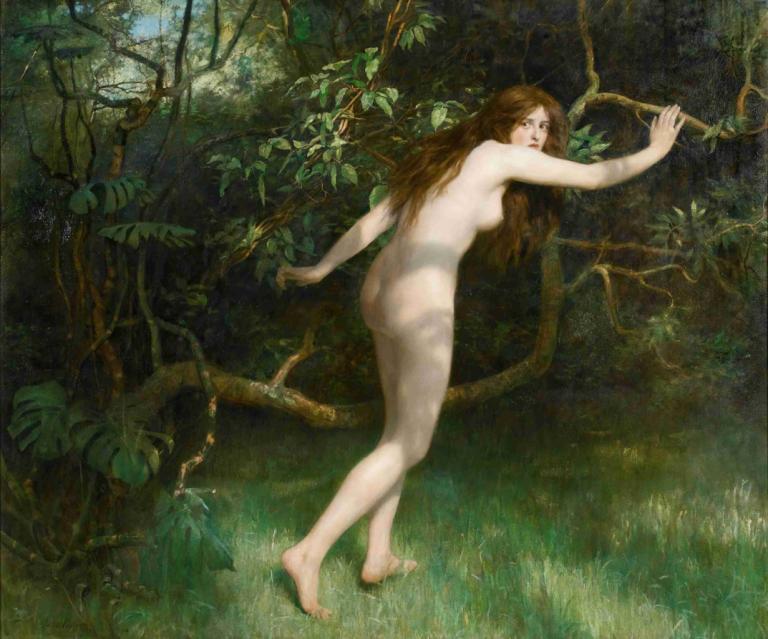 Eve,John Collier,Oil Painting,Oil Painting, 1girl, solo, nude, brown hair, long hair, barefoot, ass, breasts