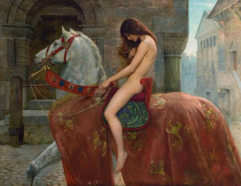 Lady Godiva,John Collier,Oil Painting,Oil Painting, 1girl, nude, fine art parody, brown hair, long hair