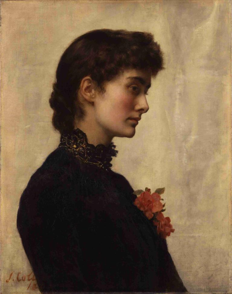 Marian Collier (née Huxley),John Collier,Oil Painting,Oil Painting, solo, 1boy, male focus, profile, flower