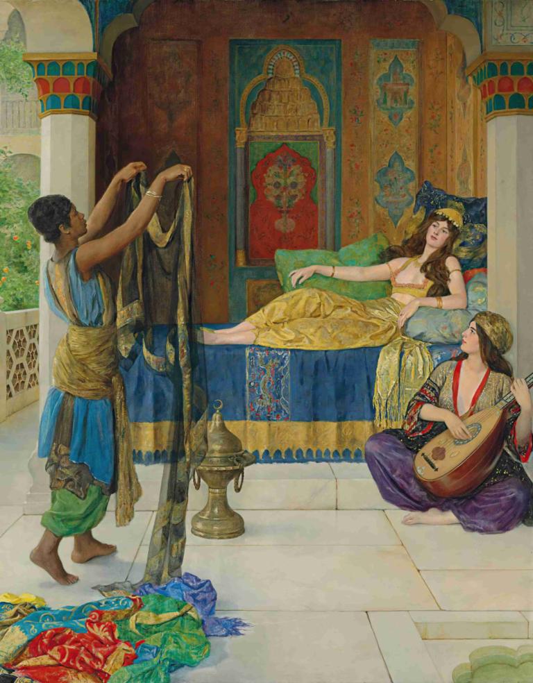 Myrrh, Aloes and Cassia,John Collier,Oil Painting,Oil Painting, barefoot, instrument, sitting, pillow