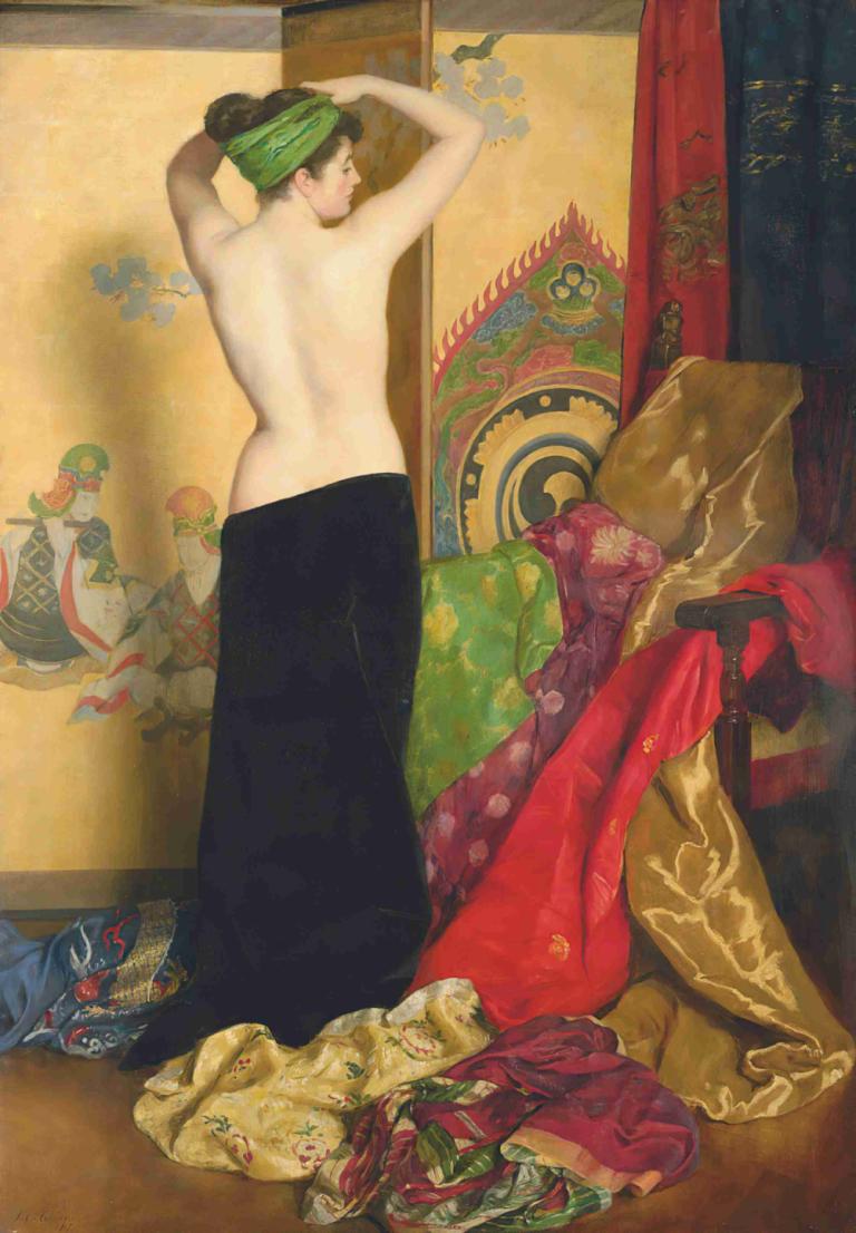 Pomps And Vanities,John Collier,Oil Painting,Oil Painting, 1girl, solo, fine art parody, indoors, topless