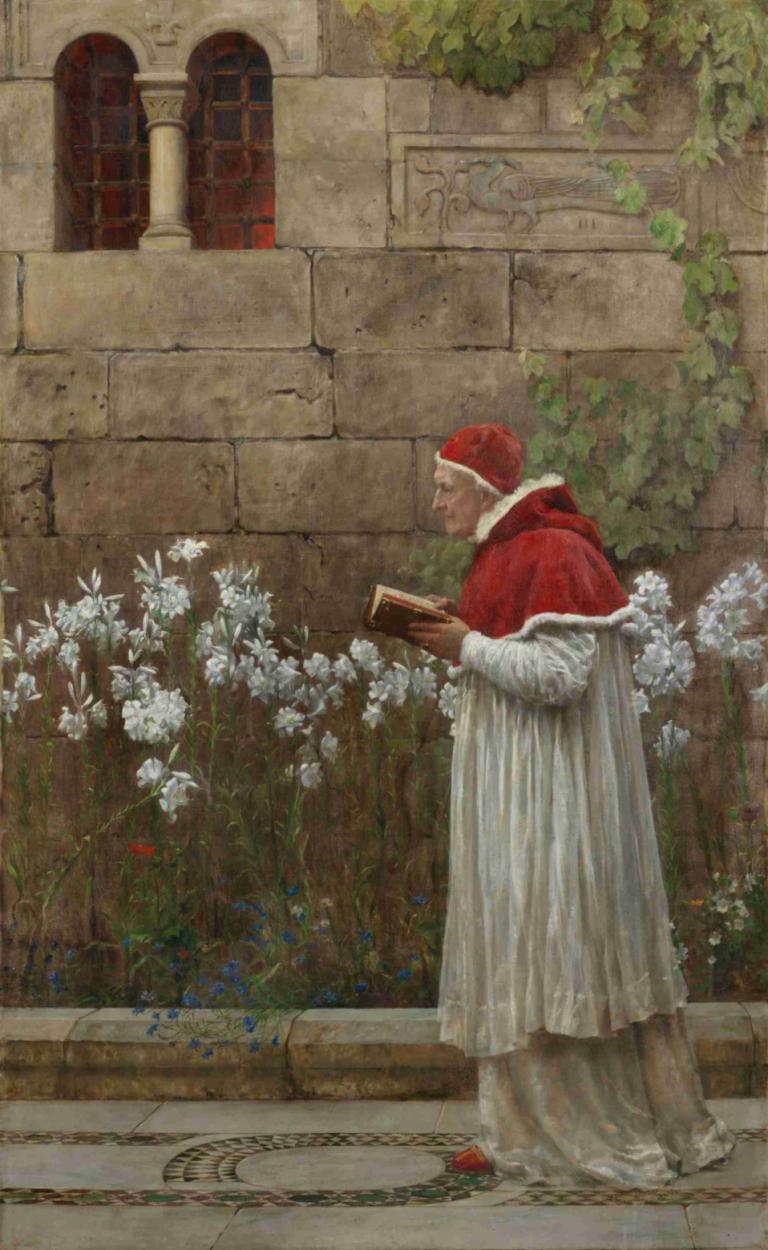 Pope Urban VI,John Collier,Oil Painting,Oil Painting, flower, solo, dress, plant, brick wall, holding