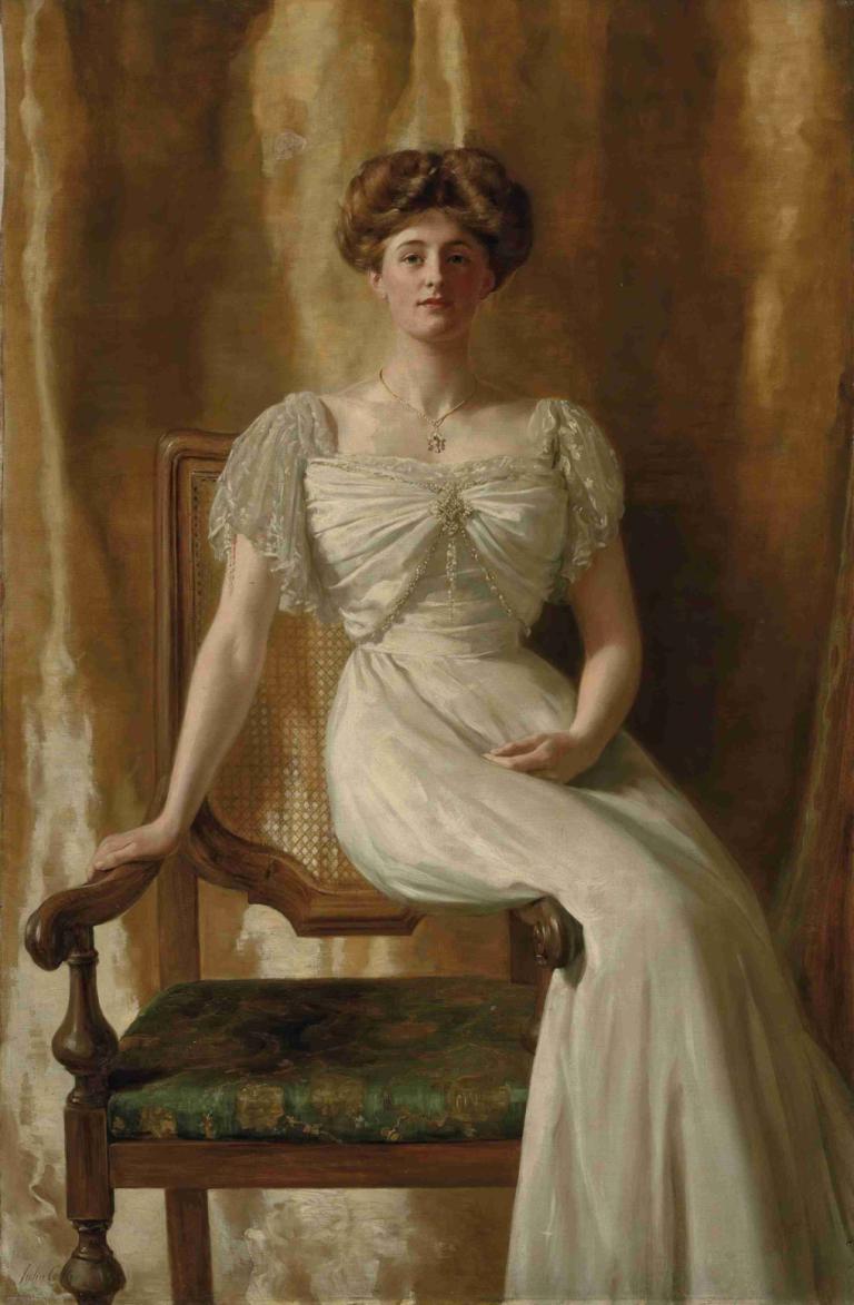 Portrait of The Hon. Mrs Harold Ritchie,John Collier,Oil Painting,Oil Painting, 1girl, solo, dress