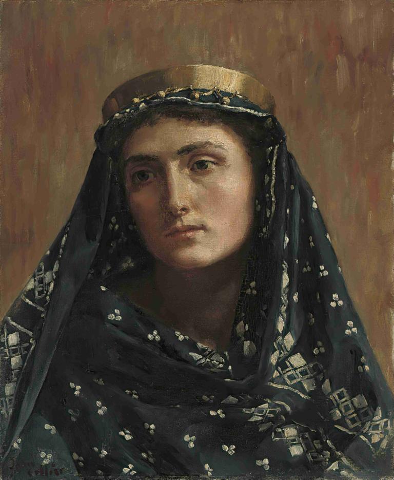 Portrait of a lady in eastern dress,John Collier,Oil Painting,Oil Painting, solo, realistic, fine art parody