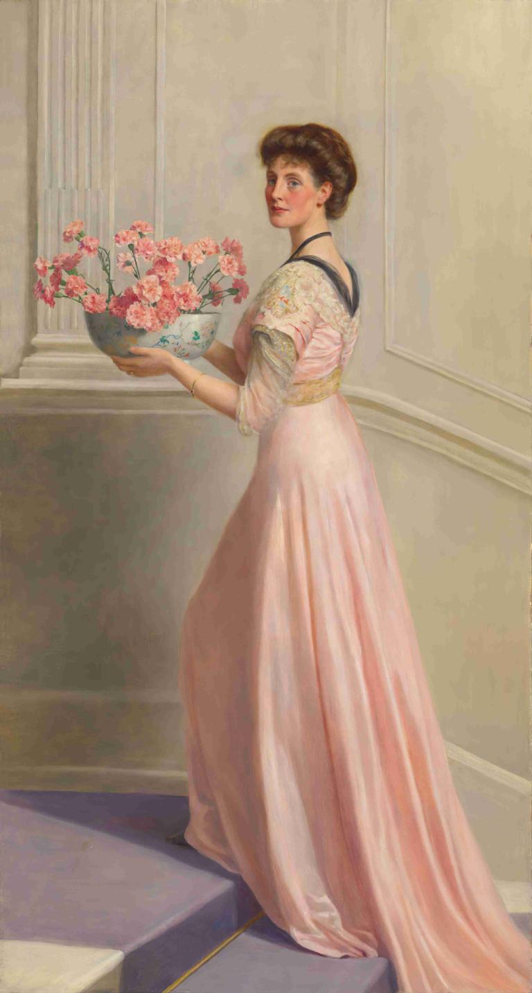 Portrait of a lady in pink carrying a bowl of pink carnations