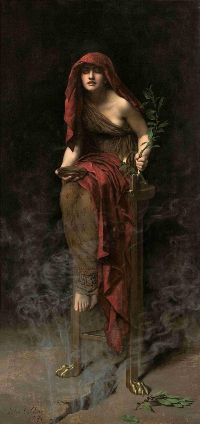 Priestess of Delphi,Ιέρεια των Δελφών,John Collier,Ελαιογραφία,Ελαιογραφία, μονοφωνία, ξυπόλυτος, συνεδρίαση