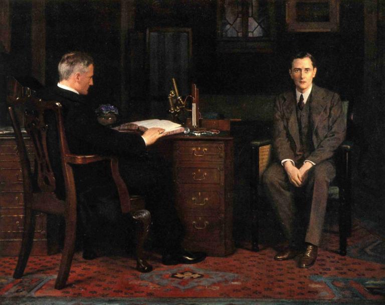 Sentence of death,John Collier,Oil Painting,Oil Painting, multiple boys, 2boys, sitting, formal, chair