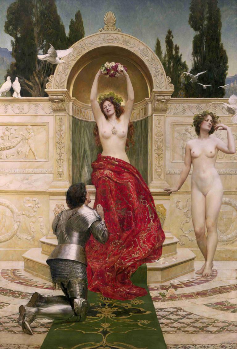 Tannhäuser en el Venusberg,John Collier,Öljymaalaus,Öljymaalaus, kuvataideparodia, nännit, rinnat, panssari