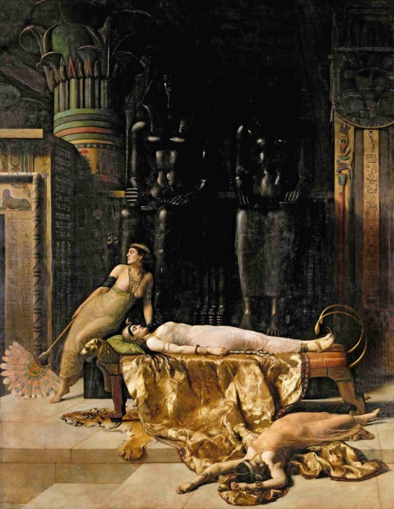 The Death of Cleopatra,John Collier,Oil Painting,Oil Painting, fine art parody, black hair, dress, 1girl