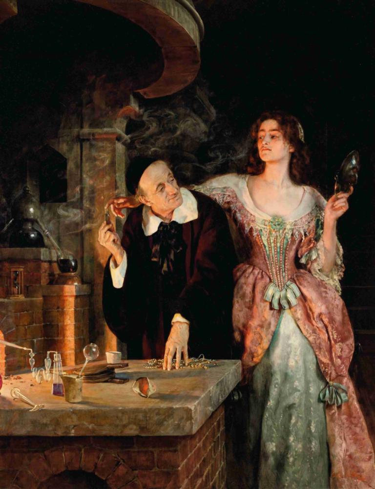 The Laboratory,Laboratoriet,John Collier,Oljemaleri,Oljemaleri, 1 jente, 1 gutt, kjole, kunstparodi, speil