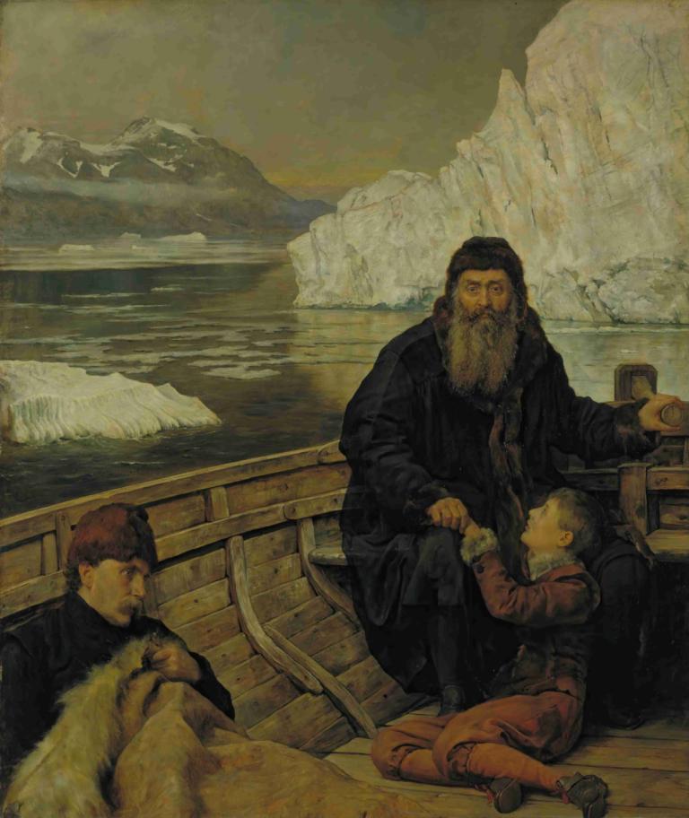 The Last Voyage of Henry Hudson,亨利-哈德逊的最后一次航行,John Collier,约翰-科利尔,油画,油画, 多个男孩, 胡子, 船只, 胡须, 船, 狗, 帽子, 海洋, 坐着