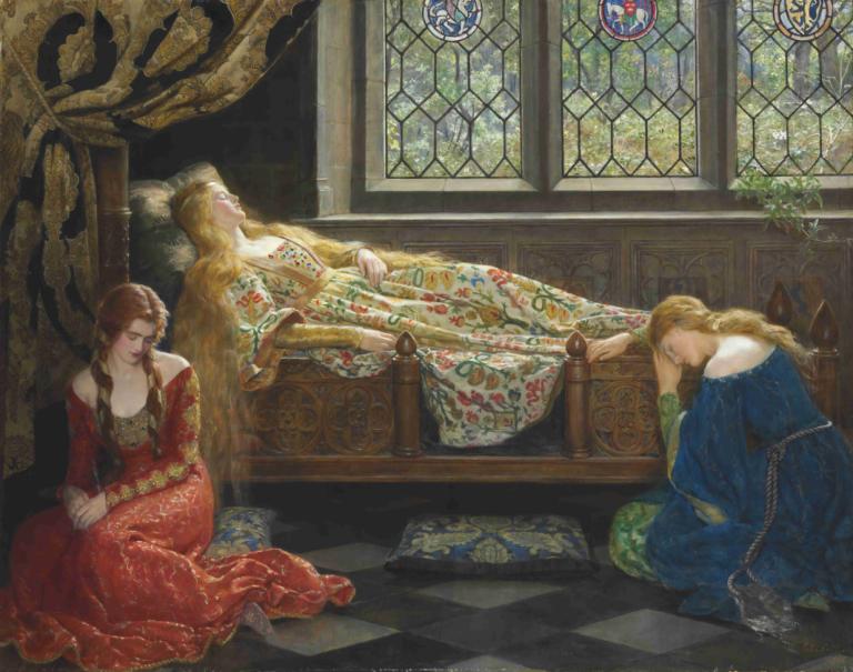 The Sleeping Beauty,睡美人,John Collier,约翰-科利尔,油画,油画, 长发, 裙子, 坐着, 在室内, 金头发, 美术模仿, 编织, 棕色的头发, 地毯, 彩色玻璃, 长袖, 窗户