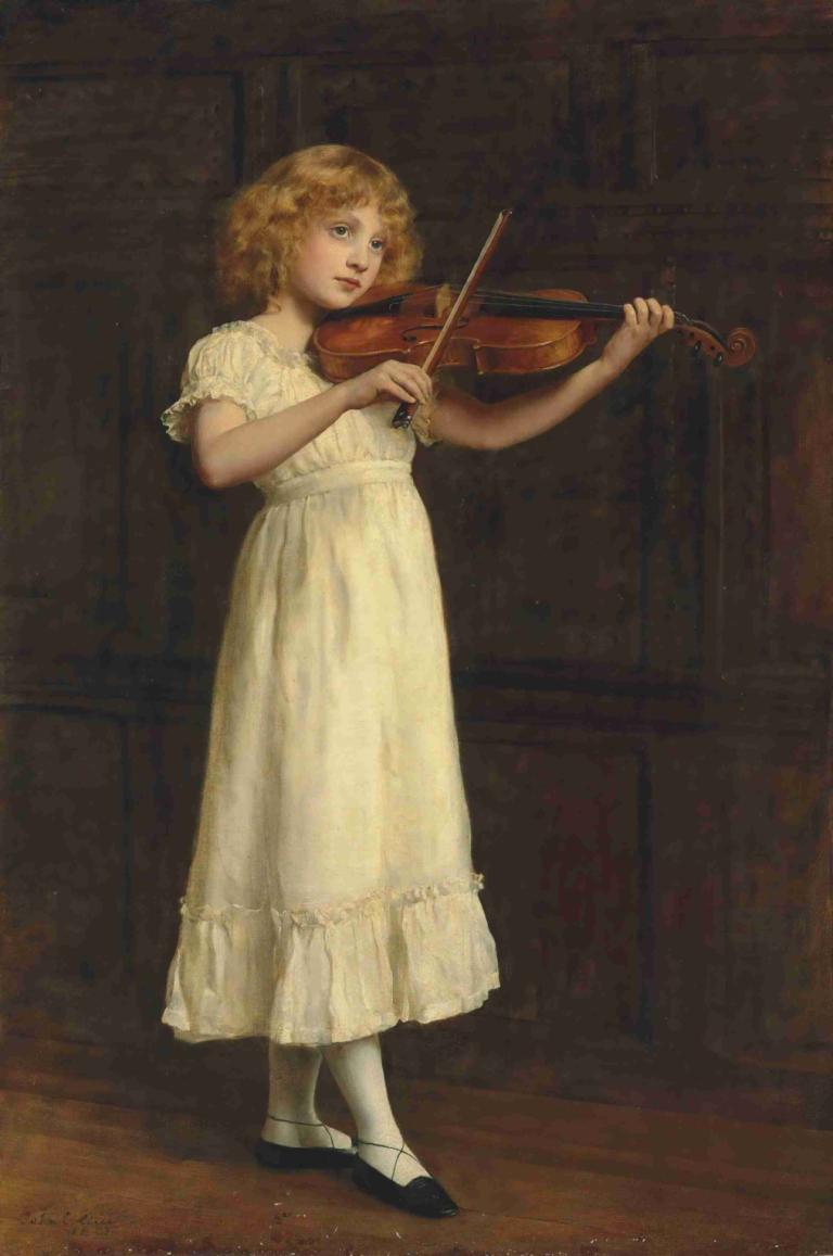 The Sonatina,John Collier,Oil Painting,Oil Painting, 1girl, solo, violin, instrument, dress, fine art parody