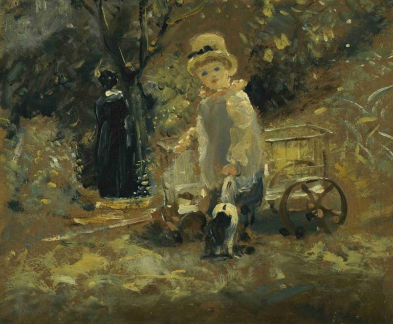 A Boy With A Toy Cart,John Constable,Oil Painting,Oil Painting, tree, dress, blonde hair, 1girl