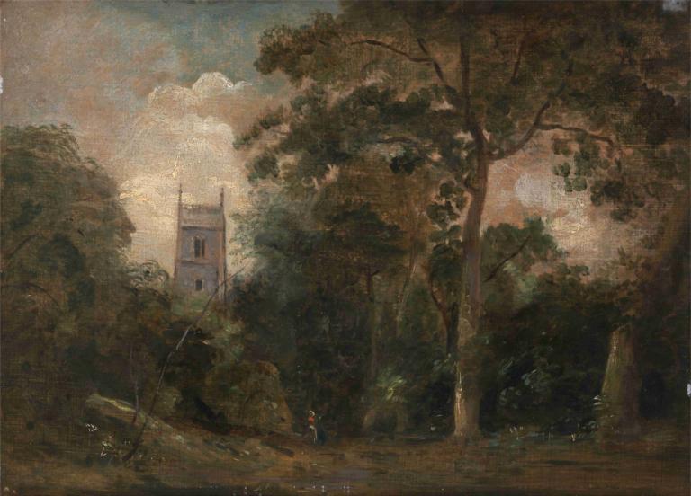 A Church in the Trees,John Constable,Oil Painting,Oil Painting, tree, scenery, outdoors, house