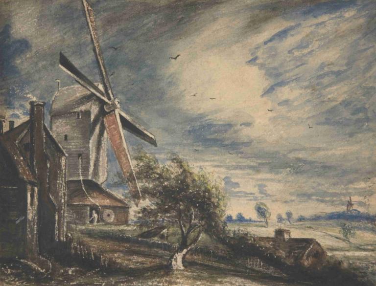 A Mill Near Colchester,John Constable,Oil Painting,Oil Painting, no humans, traditional media, tree, cloud