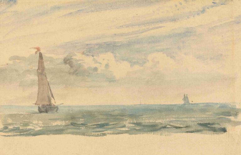 A Seascape with Two Sail Boats,John Constable,Oil Painting,Oil Painting, cloud, boat, outdoors, watercraft