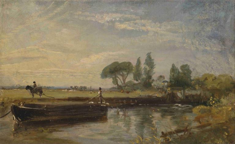 Barge below Flatford Lock,Phi thuyền Flatford hạ cánh xuống tàu.,John Constable,John Constble.,Tranh sơn dầu