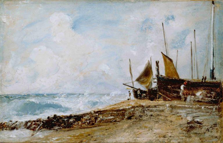 Coast Scene Near Brighton,John Constable,Oil Painting,Oil Painting, watercraft, boat, ocean